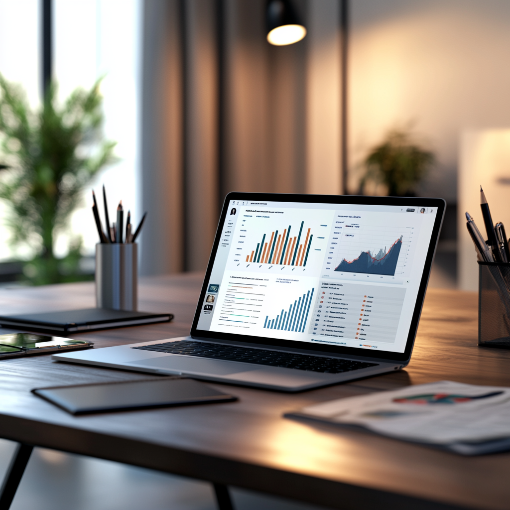 laptop with charts and graphs on screen